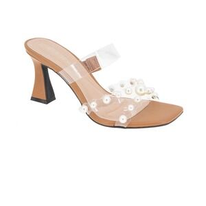 BCBGeneration Womens Tan Square Toe Pearl Embellished Clear Strap Heels 9.5